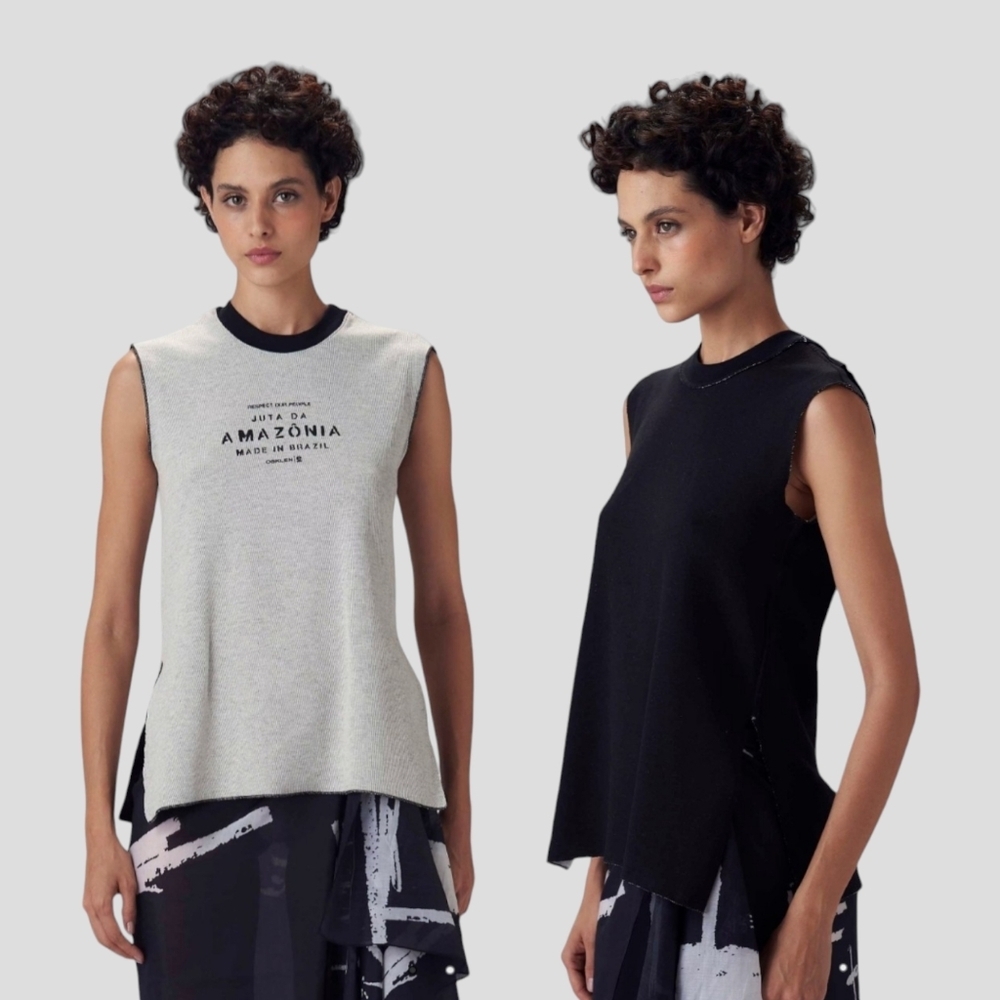 OSKLEN Reversible Jute Cotton Sleeveless Top Tank Muscle Slit Grey Black Brazil